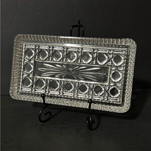 Vintage Windsor Federal Cut Glass Plate, 8.5x5.75x0.75, 70s Button/Cane Style